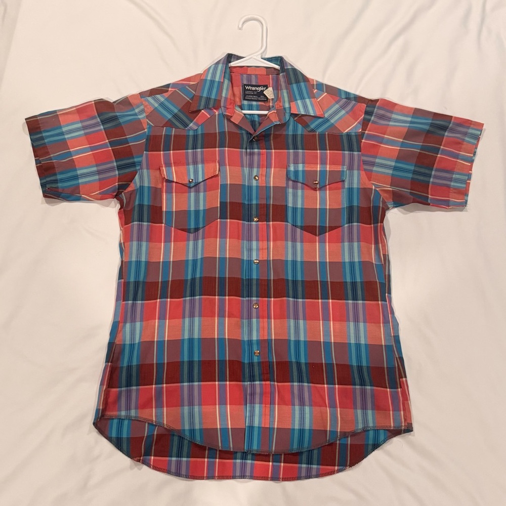 Wrangler Short Sleeve Plaid Pearl Snap Button-Down‎ Shirt - Red & Blue